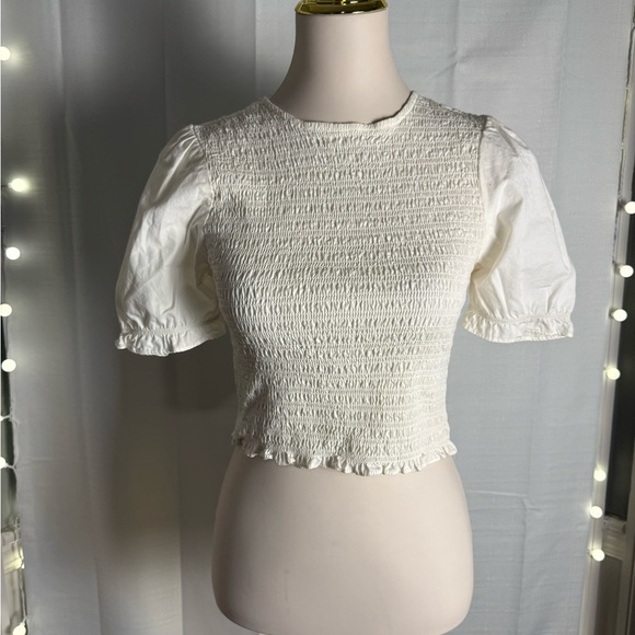 RD Style Cream Puff Sleeve Smocked Crop Blouse - Picture 1 of 7
